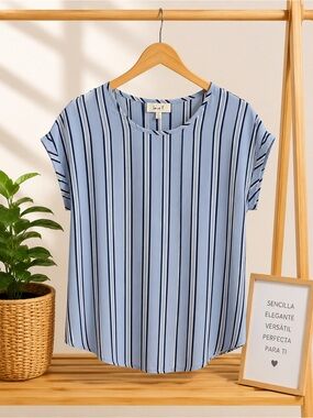 Love Light Blue and Navy Vertical Stripe Short Sleeve Blouse